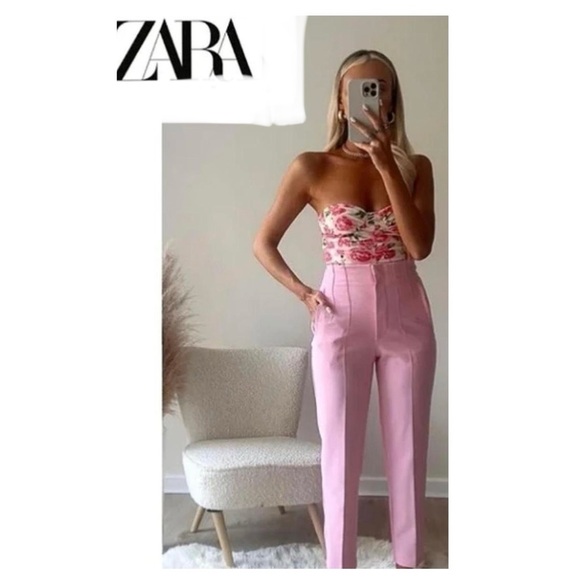 Zara pink high waisted pronounced seam dress pants ankle length Sz M NWOT classy - Picture 2 of 13